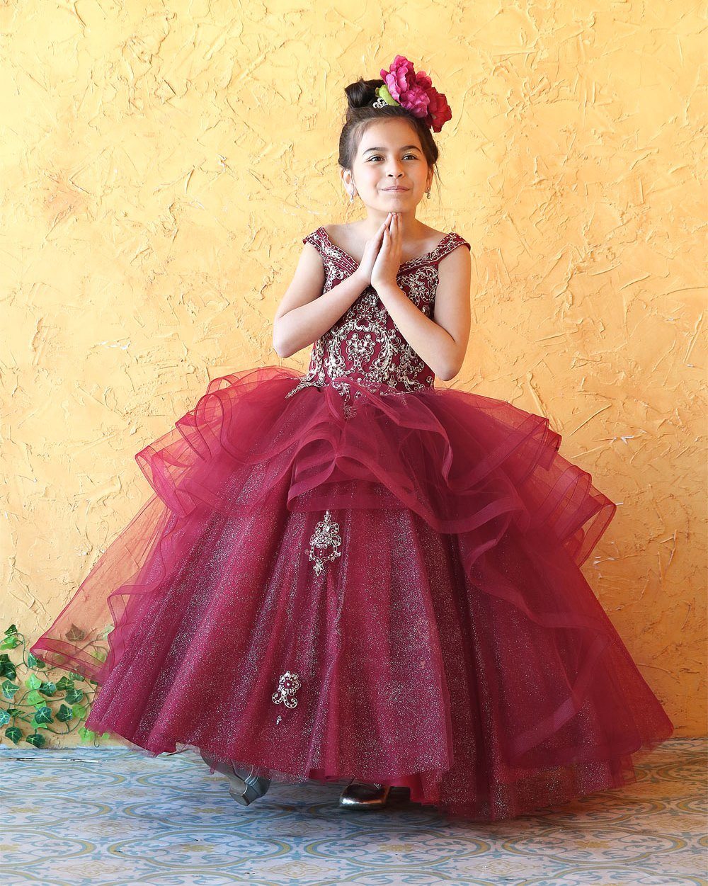 LA Merchandise LAZKY223 Girls Embroidered Cold Shoulder Layered Glitter Tulle Gown - - Girls Formal Dresses LAZ