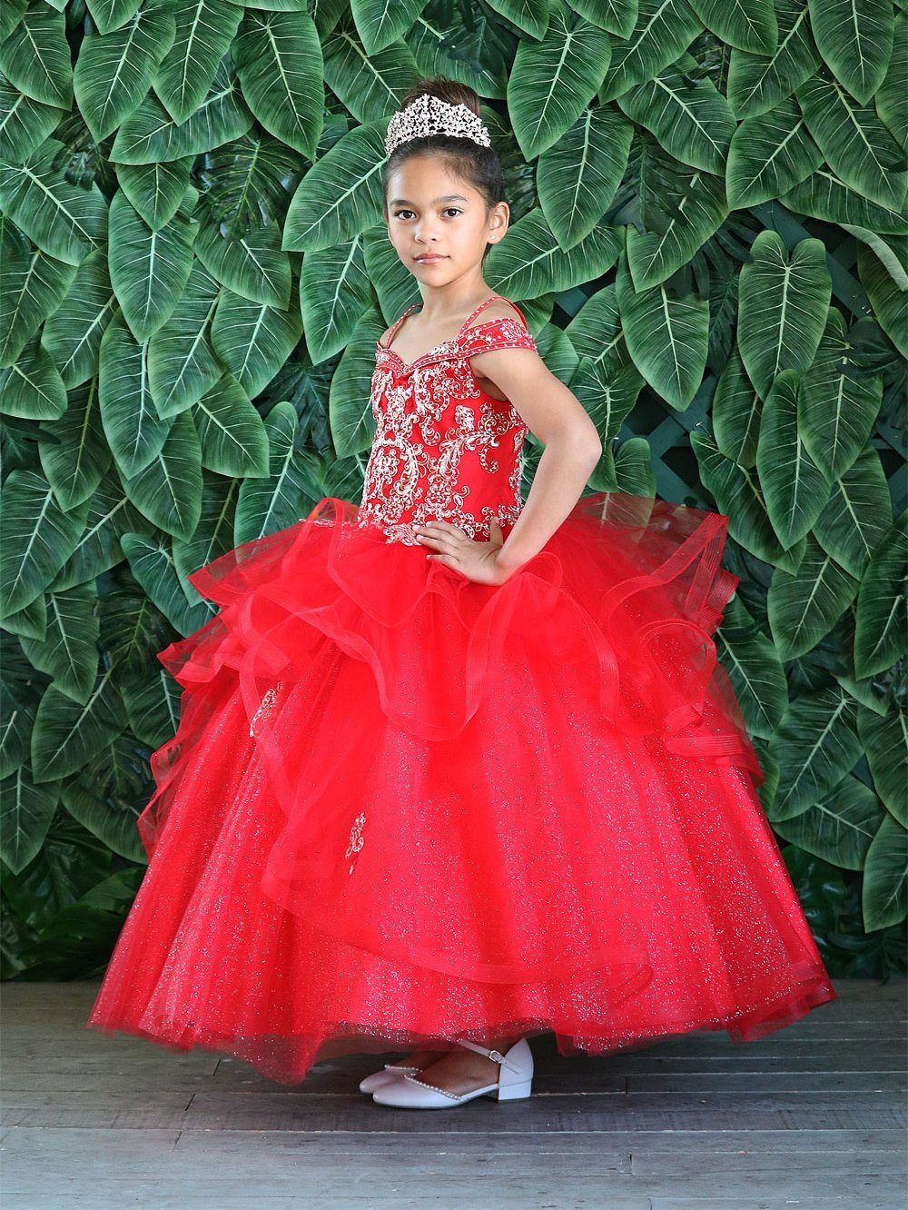 LA Merchandise LAZKY223 Girls Embroidered Cold Shoulder Layered Glitter Tulle Gown - - Girls Formal Dresses LAZ
