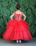 LA Merchandise LAZKY223 Girls Embroidered Cold Shoulder Layered Glitter Tulle Gown - - Girls Formal Dresses LAZ