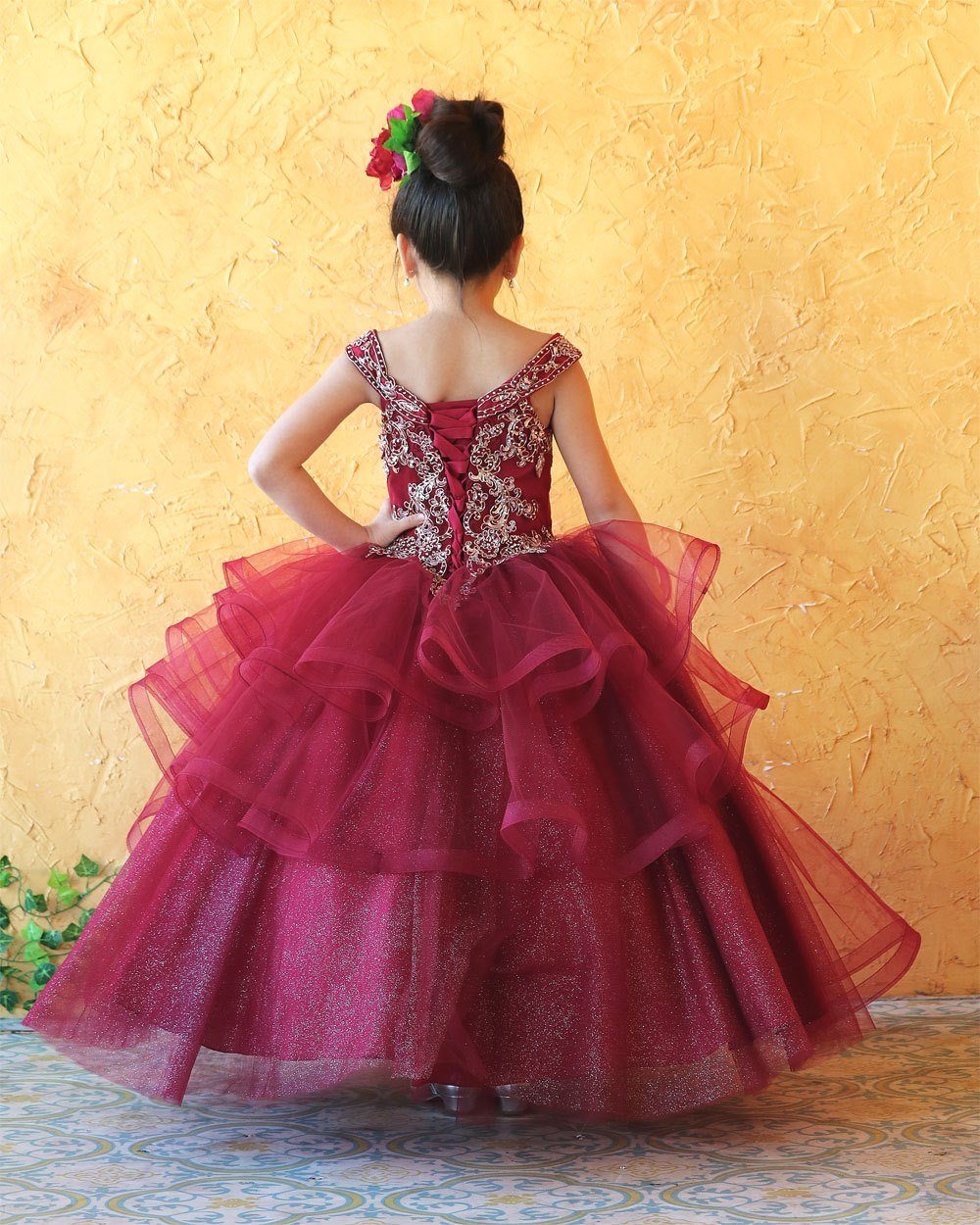 LA Merchandise LAZKY223 Girls Embroidered Cold Shoulder Layered Glitter Tulle Gown - - Girls Formal Dresses LAZ