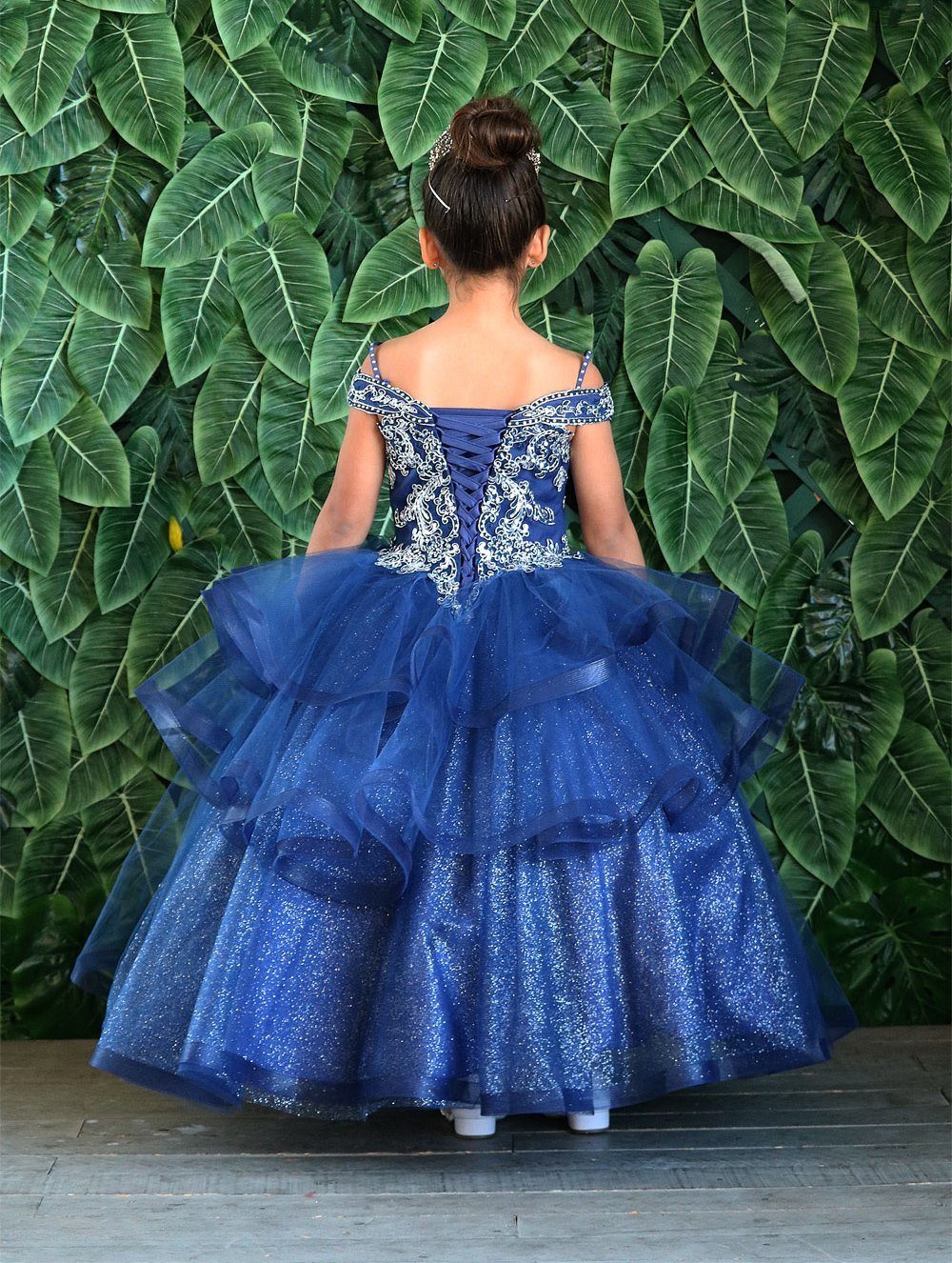LA Merchandise LAZKY223 Girls Embroidered Cold Shoulder Layered Glitter Tulle Gown - - Girls Formal Dresses LAZ