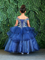 LA Merchandise LAZKY223 Girls Embroidered Cold Shoulder Layered Glitter Tulle Gown - - Girls Formal Dresses LAZ