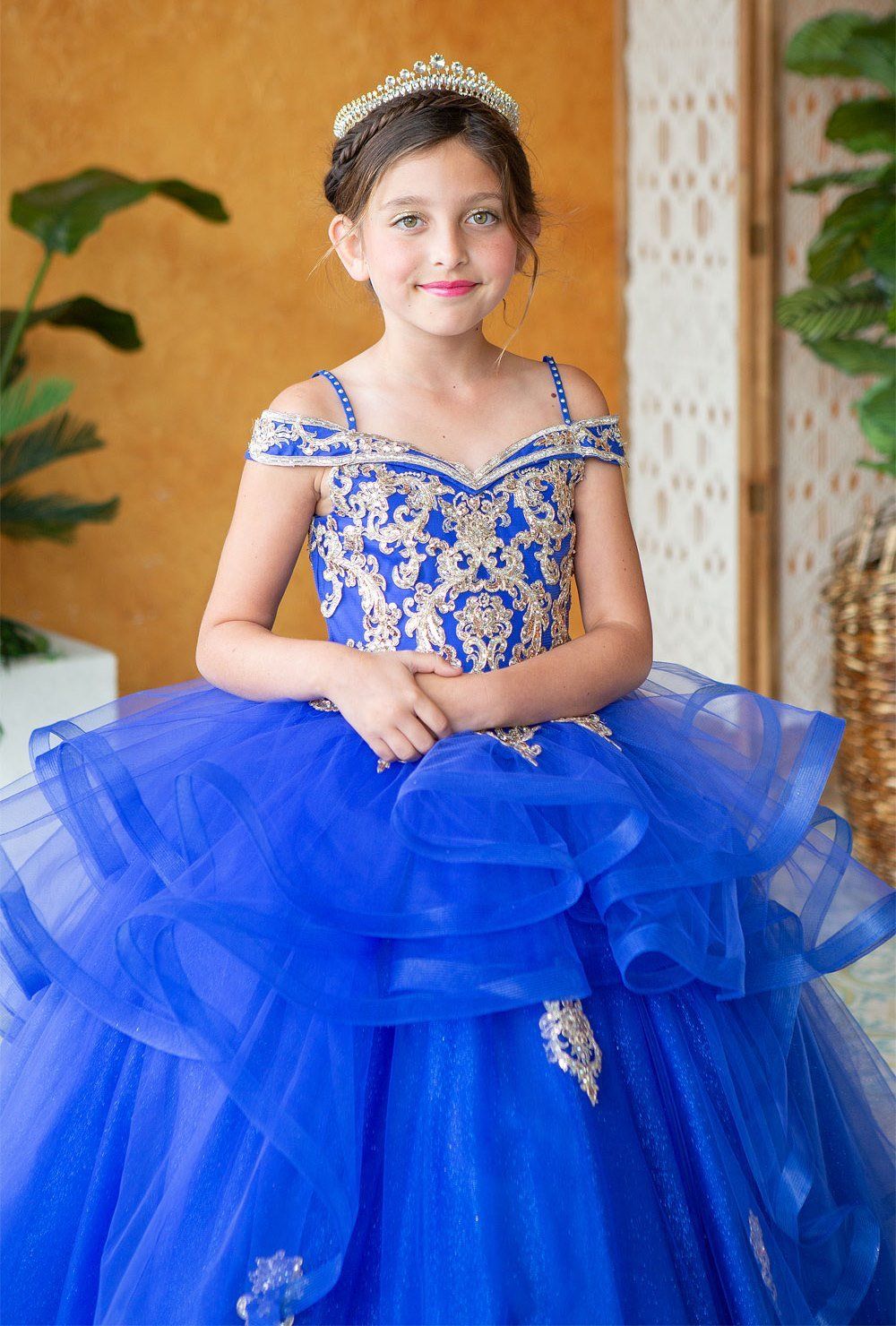 LA Merchandise LAZKY223 Girls Embroidered Cold Shoulder Layered Glitter Tulle Gown - - Girls Formal Dresses LAZ