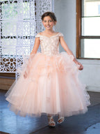 LA Merchandise LAZKY223 Girls Embroidered Cold Shoulder Layered Glitter Tulle Gown - - Girls Formal Dresses LAZ