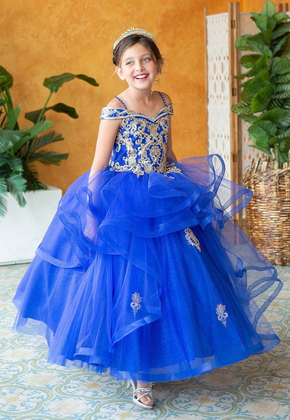 LA Merchandise LAZKY223 Girls Embroidered Cold Shoulder Layered Glitter Tulle Gown - - Girls Formal Dresses LAZ