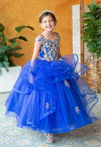 LA Merchandise LAZKY223 Girls Embroidered Cold Shoulder Layered Glitter Tulle Gown - - Girls Formal Dresses LAZ