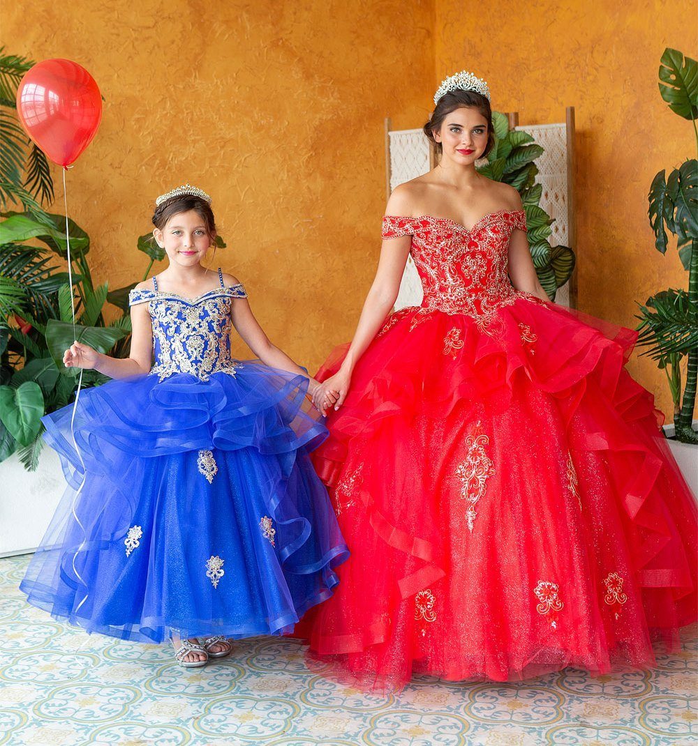 LA Merchandise LAZKY223 Girls Embroidered Cold Shoulder Layered Glitter Tulle Gown - - Girls Formal Dresses LAZ