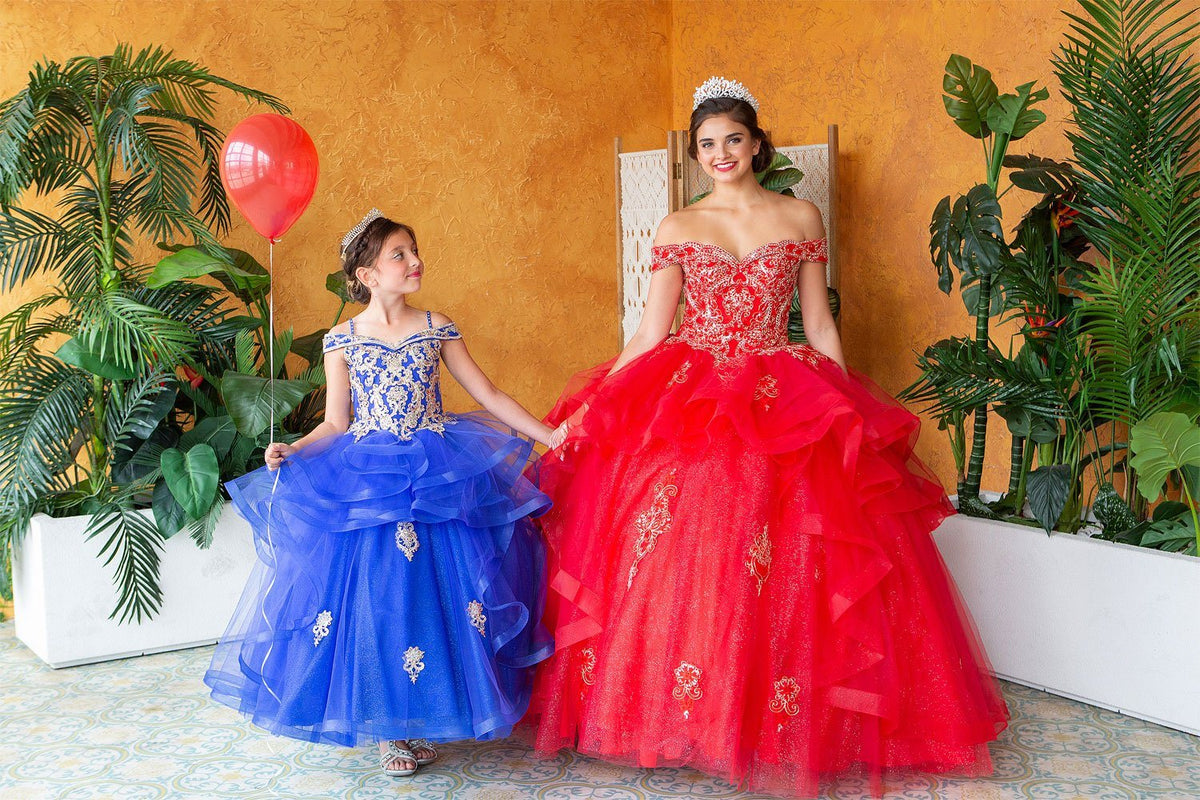 LA Merchandise LAZKY223 Girls Embroidered Cold Shoulder Layered Glitter Tulle Gown - - Girls Formal Dresses LAZ