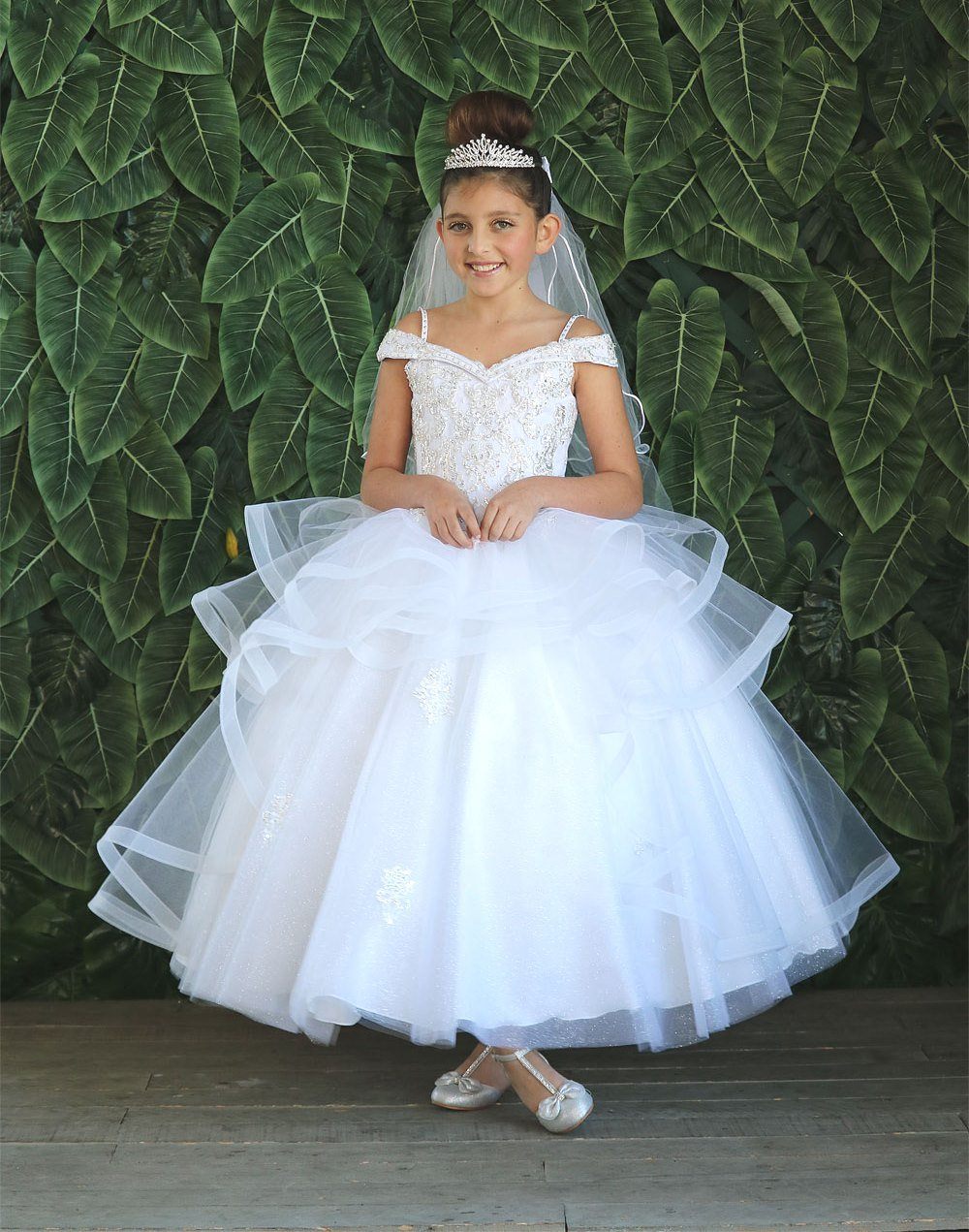 LA Merchandise LAZKY223 Girls Embroidered Cold Shoulder Layered Glitter Tulle Gown - - Girls Formal Dresses LAZ