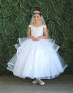 LA Merchandise LAZKY223 Girls Embroidered Cold Shoulder Layered Glitter Tulle Gown - - Girls Formal Dresses LAZ