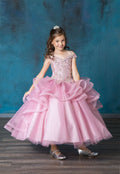 LA Merchandise LAZKY223 Girls Embroidered Cold Shoulder Layered Glitter Tulle Gown - Mauve Rose - Girls Formal Dresses LAZ