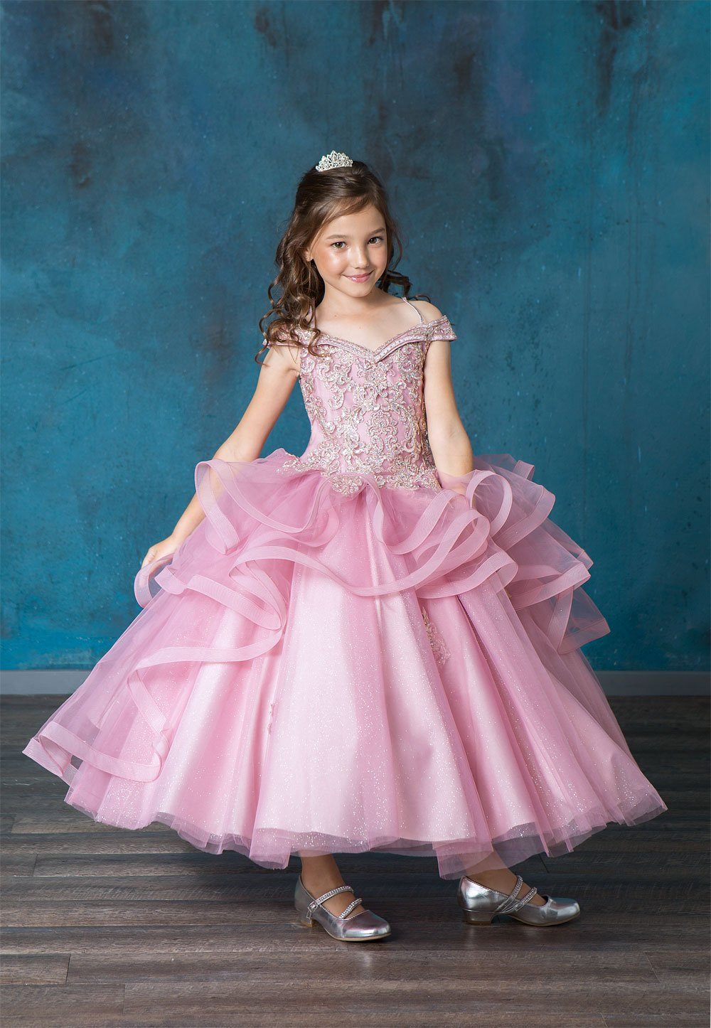 LA Merchandise LAZKY223 Girls Embroidered Cold Shoulder Layered Glitter Tulle Gown - Mauve Rose - Girls Formal Dresses LAZ