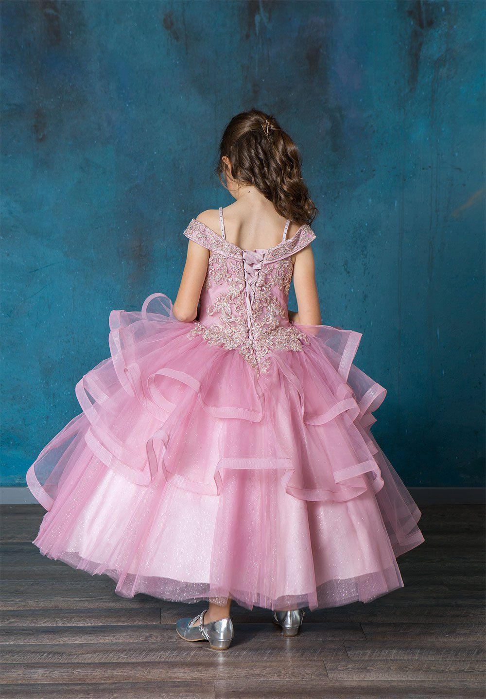 LA Merchandise LAZKY223 Girls Embroidered Cold Shoulder Layered Glitter Tulle Gown - - Girls Formal Dresses LAZ