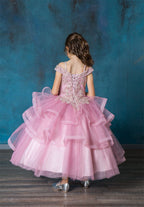LA Merchandise LAZKY223 Girls Embroidered Cold Shoulder Layered Glitter Tulle Gown - - Girls Formal Dresses LAZ