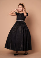 LA Merchandise LAZD828 Girls Ruffle Sleeve Metallic Glitter Tea-Length A-Line Dress - Black - Girls Formal Dresses LAZ