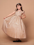 LA Merchandise LAZD828 Girls Ruffle Sleeve Metallic Glitter Tea-Length A-Line Dress - Champagne - Girls Formal Dresses LAZ