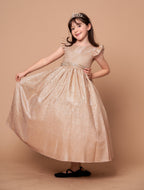 LA Merchandise LAZD828 Girls Ruffle Sleeve Metallic Glitter Tea-Length A-Line Dress - Champagne - Girls Formal Dresses LAZ