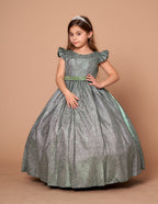 LA Merchandise LAZD828 Girls Ruffle Sleeve Metallic Glitter Tea-Length A-Line Dress - Emerald Green - Girls Formal Dresses LAZ