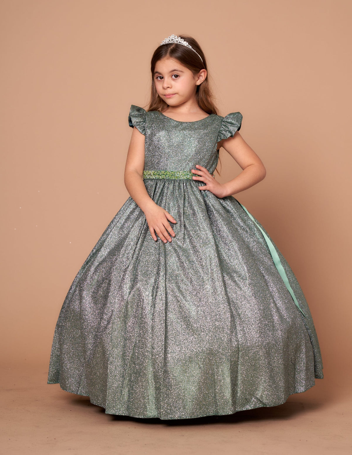 LA Merchandise LAZD828 Girls Ruffle Sleeve Metallic Glitter Tea-Length A-Line Dress - Emerald Green - Girls Formal Dresses LAZ