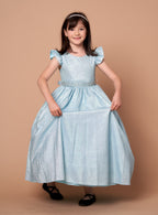 LA Merchandise LAZD828 Girls Ruffle Sleeve Metallic Glitter Tea-Length A-Line Dress - Light Blue - Girls Formal Dresses LAZ
