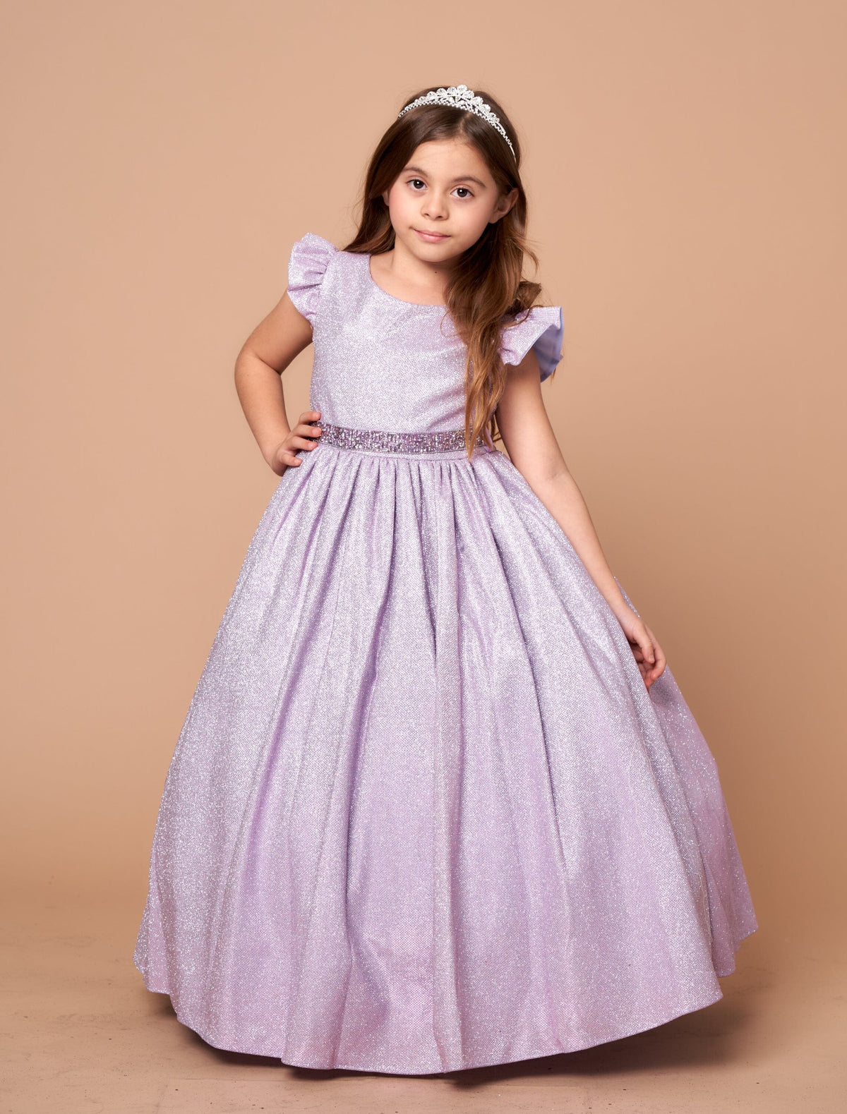 LA Merchandise LAZD828 Girls Ruffle Sleeve Metallic Glitter Tea-Length A-Line Dress - Lilac - Girls Formal Dresses LAZ