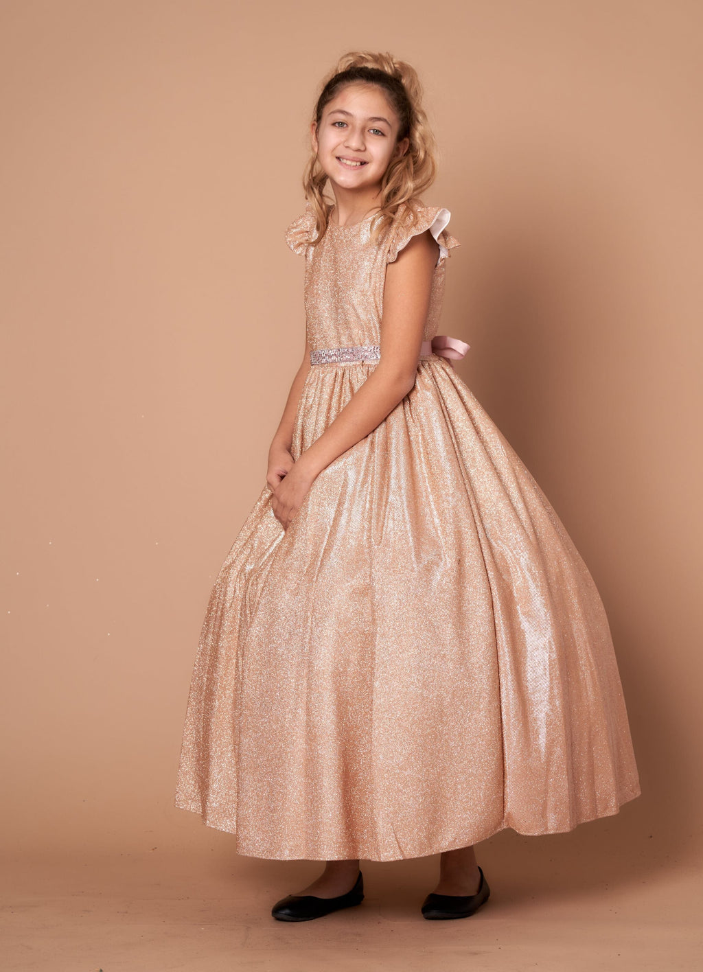 LA Merchandise LAZD828 Girls Ruffle Sleeve Metallic Glitter Tea-Length A-Line Dress - Rose Gold - Girls Formal Dresses LAZ