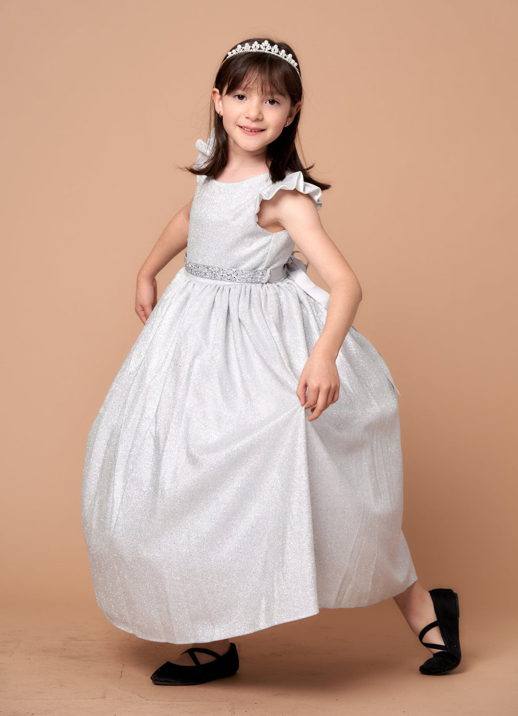 LA Merchandise LAZD828 Girls Ruffle Sleeve Metallic Glitter Tea-Length A-Line Dress - Silver - Girls Formal Dresses LAZ