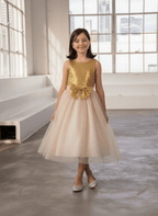 LA Merchandise LAZD832 Girls Sequin Bodice Tea-Length Glitter Tulle A-Line Dress - Gold Champagne - Girls Formal Dresses LAZ