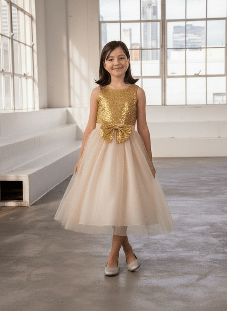 LA Merchandise LAZD832 Girls Sequin Bodice Tea-Length Glitter Tulle A-Line Dress - Gold Champagne - Girls Formal Dresses LAZ