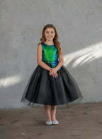 LA Merchandise LAZD832 Girls Sequin Bodice Tea-Length Glitter Tulle A-Line Dress - Green Black - Girls Formal Dresses LAZ