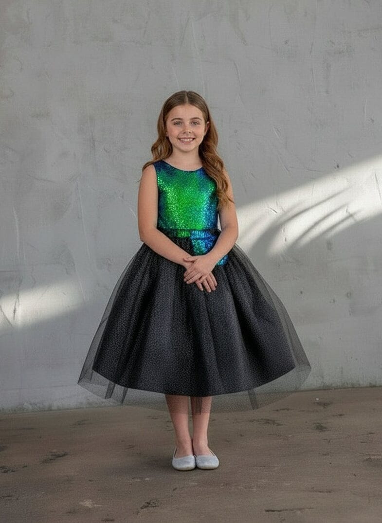 LA Merchandise LAZD832 Girls Sequin Bodice Tea-Length Glitter Tulle A-Line Dress - Green Black - Girls Formal Dresses LAZ