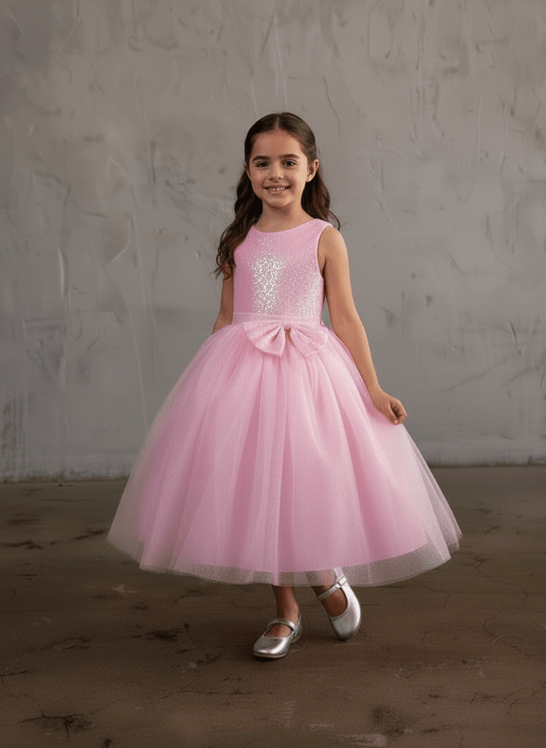 LA Merchandise LAZD832 Girls Sequin Bodice Tea-Length Glitter Tulle A-Line Dress - Pink - Girls Formal Dresses LAZ