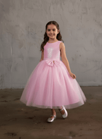 LA Merchandise LAZD832 Girls Sequin Bodice Tea-Length Glitter Tulle A-Line Dress - Pink - Girls Formal Dresses LAZ