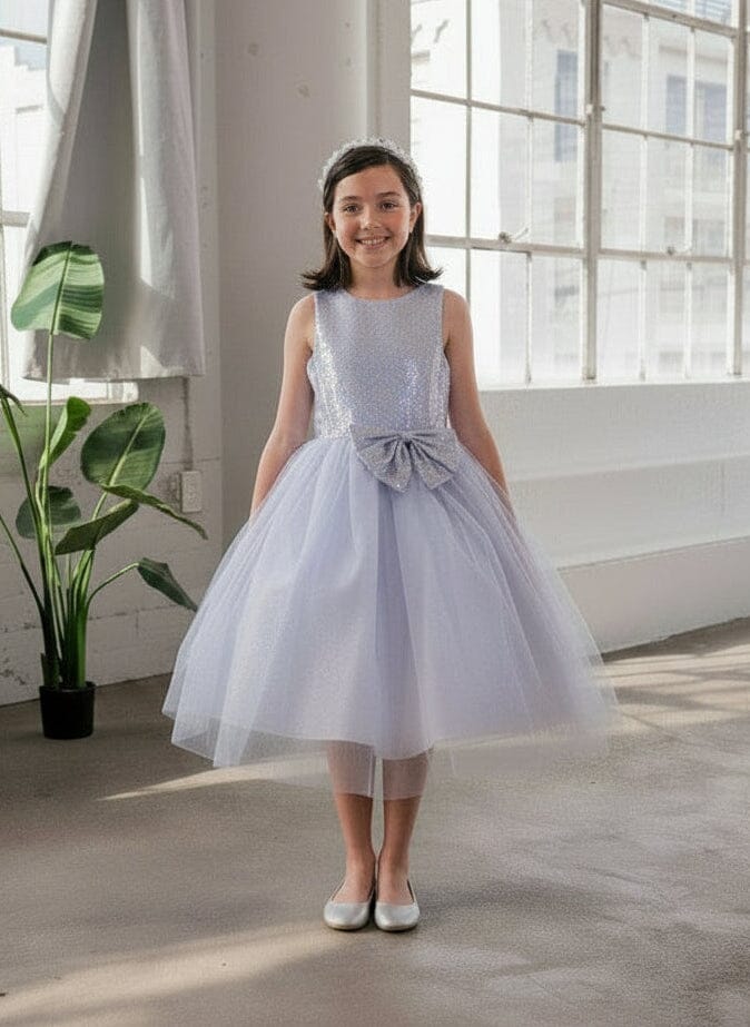 LA Merchandise LAZD832 Girls Sequin Bodice Tea-Length Glitter Tulle A-Line Dress - Silver - Girls Formal Dresses LAZ