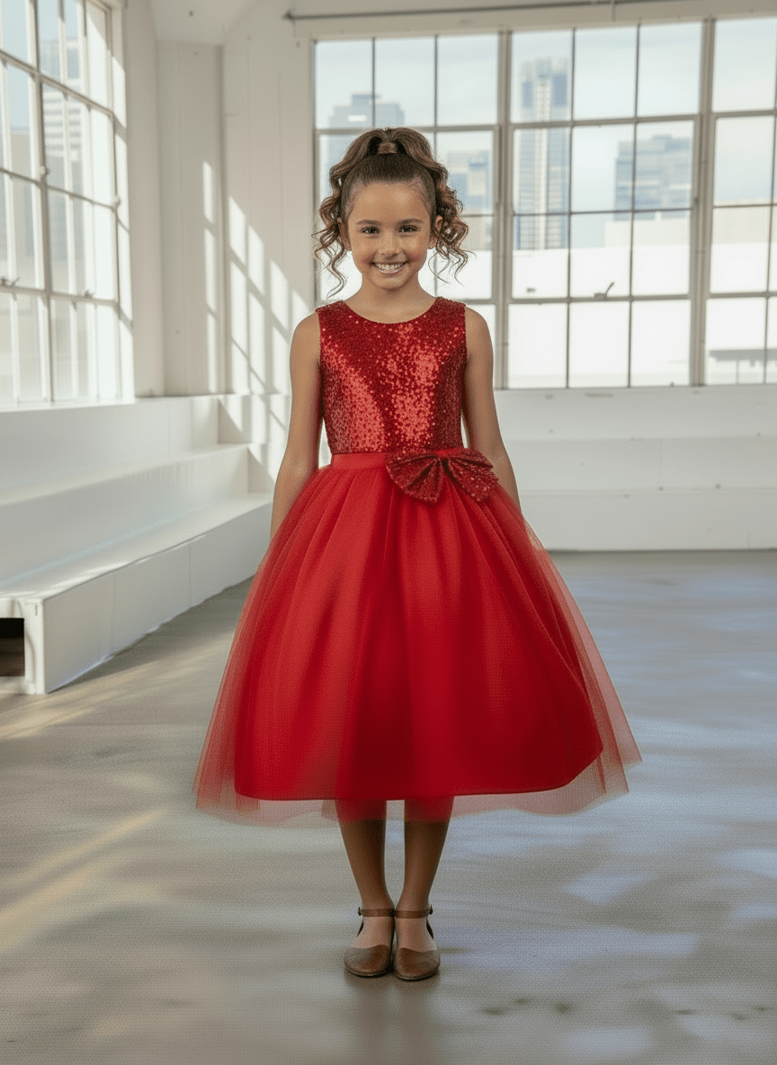 LA Merchandise LAZD832 Girls Sequin Bodice Tea-Length Glitter Tulle A-Line Dress - - Girls Formal Dresses LAZ