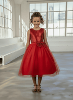 LA Merchandise LAZD832 Girls Sequin Bodice Tea-Length Glitter Tulle A-Line Dress - - Girls Formal Dresses LAZ