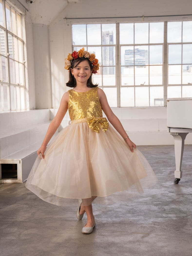 LA Merchandise LAZD832 Girls Sequin Bodice Tea-Length Glitter Tulle A-Line Dress - - Girls Formal Dresses LAZ