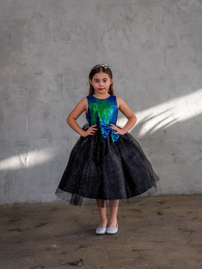 LA Merchandise LAZD832 Girls Sequin Bodice Tea-Length Glitter Tulle A-Line Dress - - Girls Formal Dresses LAZ