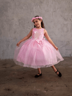 LA Merchandise LAZD832 Girls Sequin Bodice Tea-Length Glitter Tulle A-Line Dress - - Girls Formal Dresses LAZ