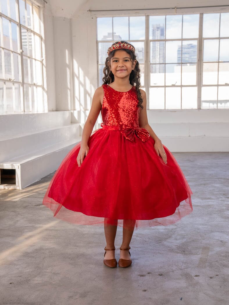 LA Merchandise LAZD832 Girls Sequin Bodice Tea-Length Glitter Tulle A-Line Dress - Red - Girls Formal Dresses LAZ