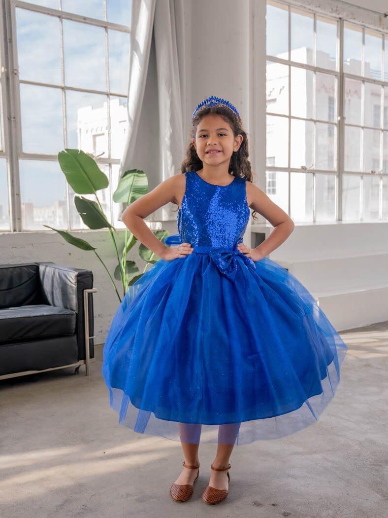 LA Merchandise LAZD832 Girls Sequin Bodice Tea-Length Glitter Tulle A-Line Dress - Royal Blue - Girls Formal Dresses LAZ
