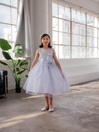 LA Merchandise LAZD832 Girls Sequin Bodice Tea-Length Glitter Tulle A-Line Dress - - Girls Formal Dresses LAZ