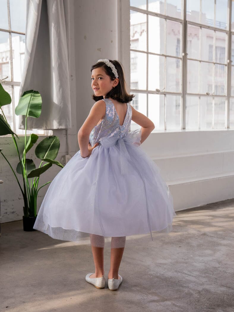 LA Merchandise LAZD832 Girls Sequin Bodice Tea-Length Glitter Tulle A-Line Dress - - Girls Formal Dresses LAZ