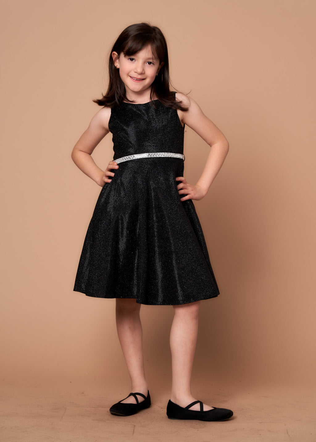 LA Merchandise LAZD817 Girls Metallic Glitter Short A-Line Dress with Beaded Waist - Black - Girls Formal Dresses LAZ