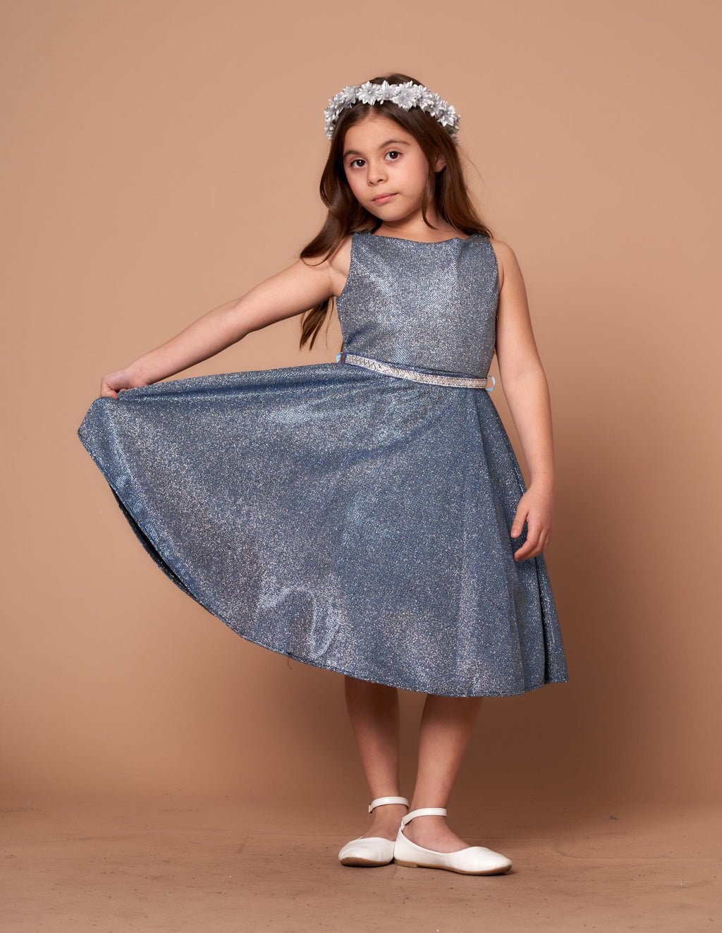 LA Merchandise LAZD817 Girls Metallic Glitter Short A-Line Dress with Beaded Waist - Midnight Blue - Girls Formal Dresses LAZ