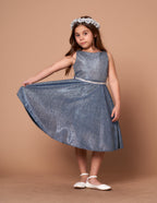 LA Merchandise LAZD817 Girls Metallic Glitter Short A-Line Dress with Beaded Waist - Midnight Blue - Girls Formal Dresses LAZ