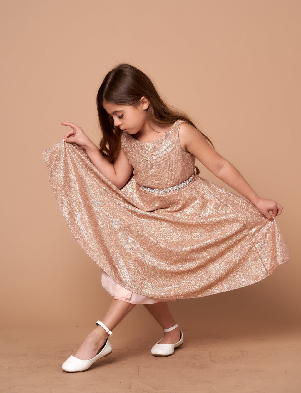 LA Merchandise LAZD817 Girls Metallic Glitter Short A-Line Dress with Beaded Waist - Rose Gold - Girls Formal Dresses LAZ
