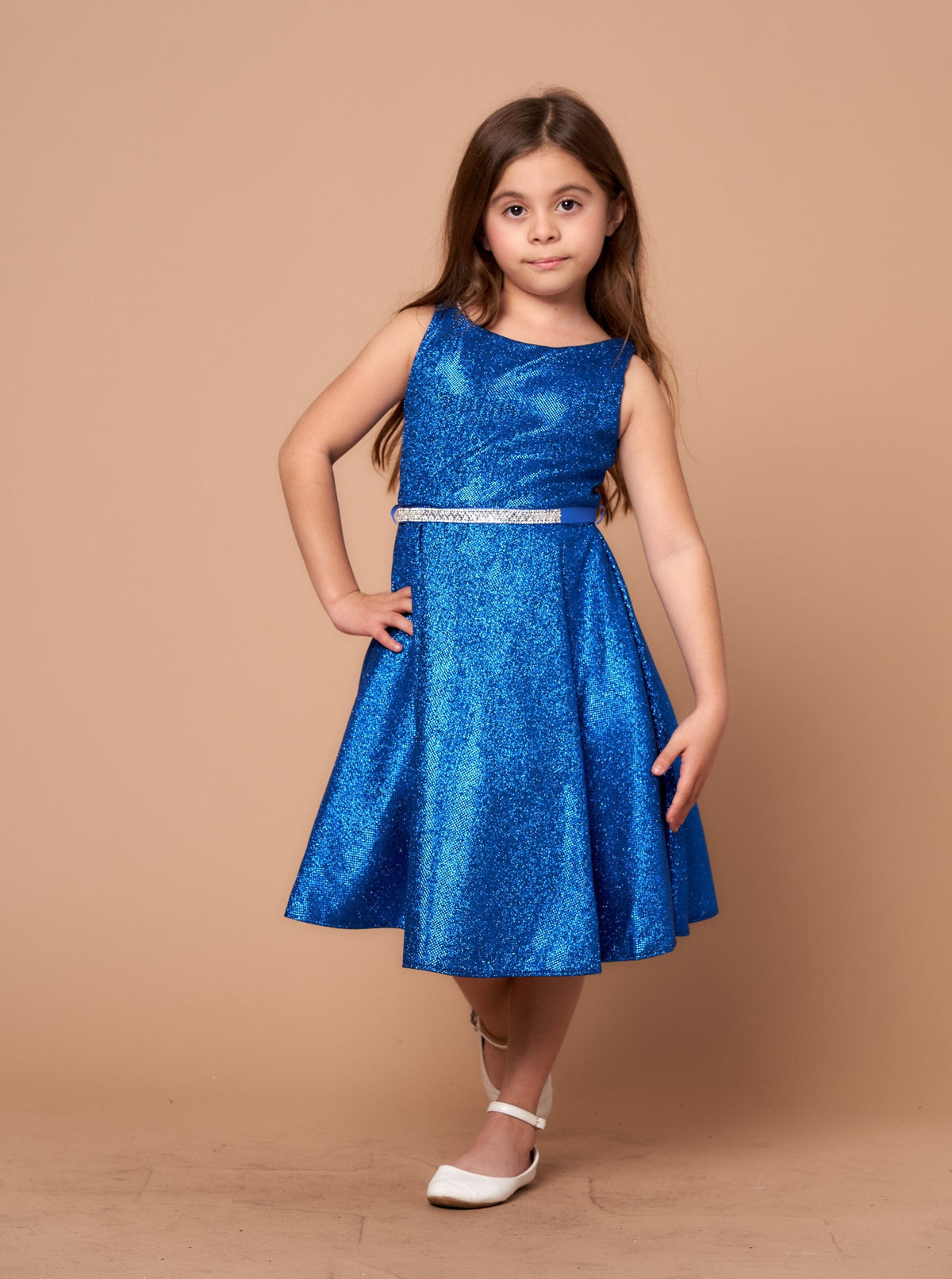 LA Merchandise LAZD817 Girls Metallic Glitter Short A-Line Dress with Beaded Waist - Royal Blue - Girls Formal Dresses LAZ
