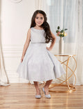 LA Merchandise LAZD817 Girls Metallic Glitter Short A-Line Dress with Beaded Waist - Silver - Girls Formal Dresses LAZ