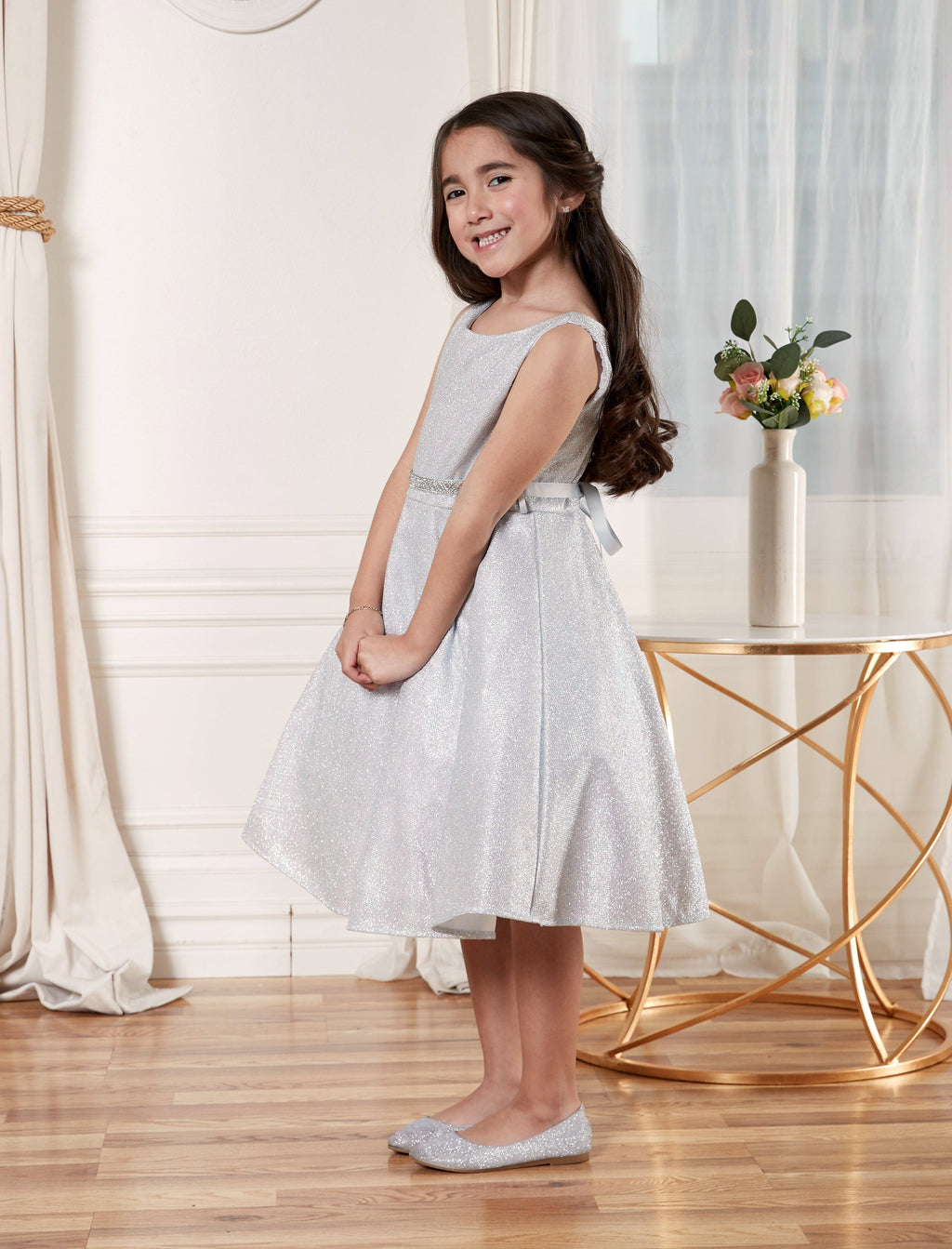 LA Merchandise LAZD817 Girls Metallic Glitter Short A-Line Dress with Beaded Waist - - Girls Formal Dresses LAZ